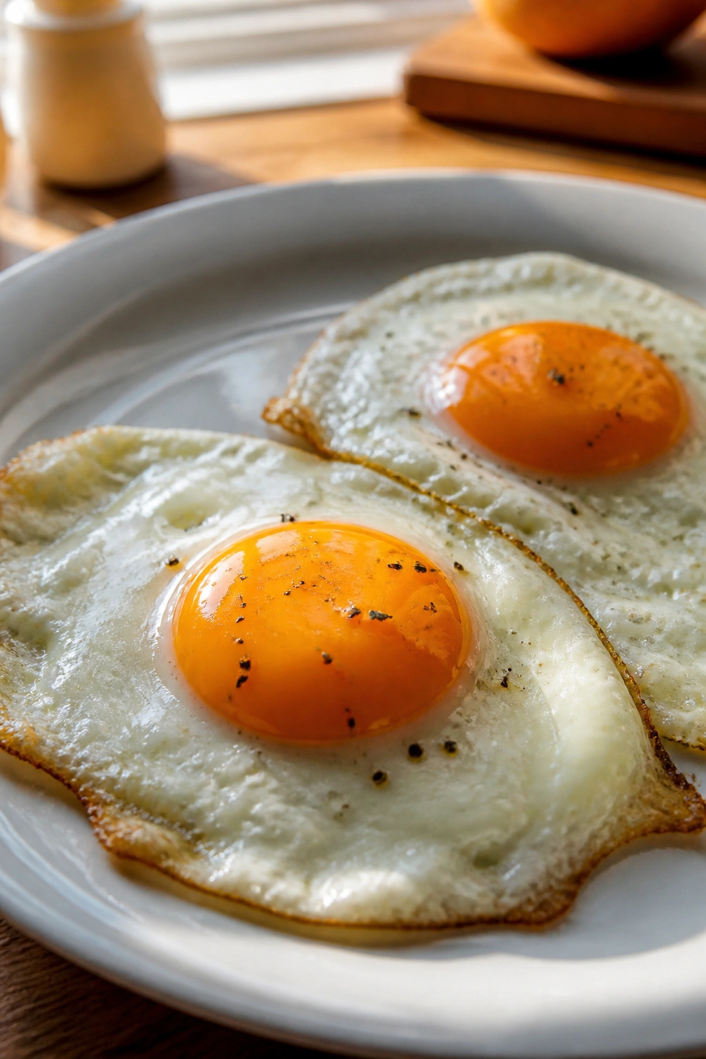 Close-up of two sunny-side-up eggs on a white plate in a warm kitchen.