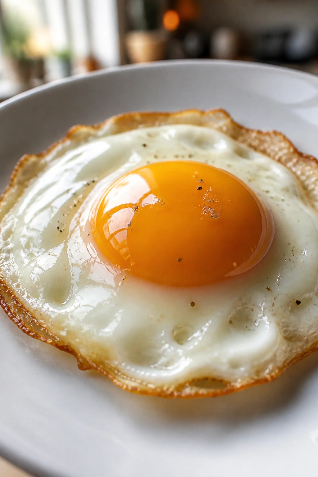 Close-up of a sunny-side-up egg on a white plate in a bright kitchen