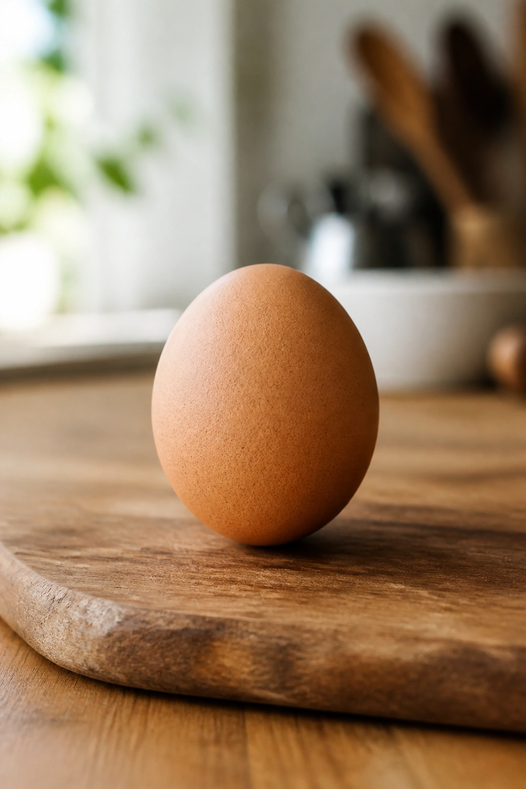 Close-up of a single egg on a kitchen board representing kitchen defaults.
