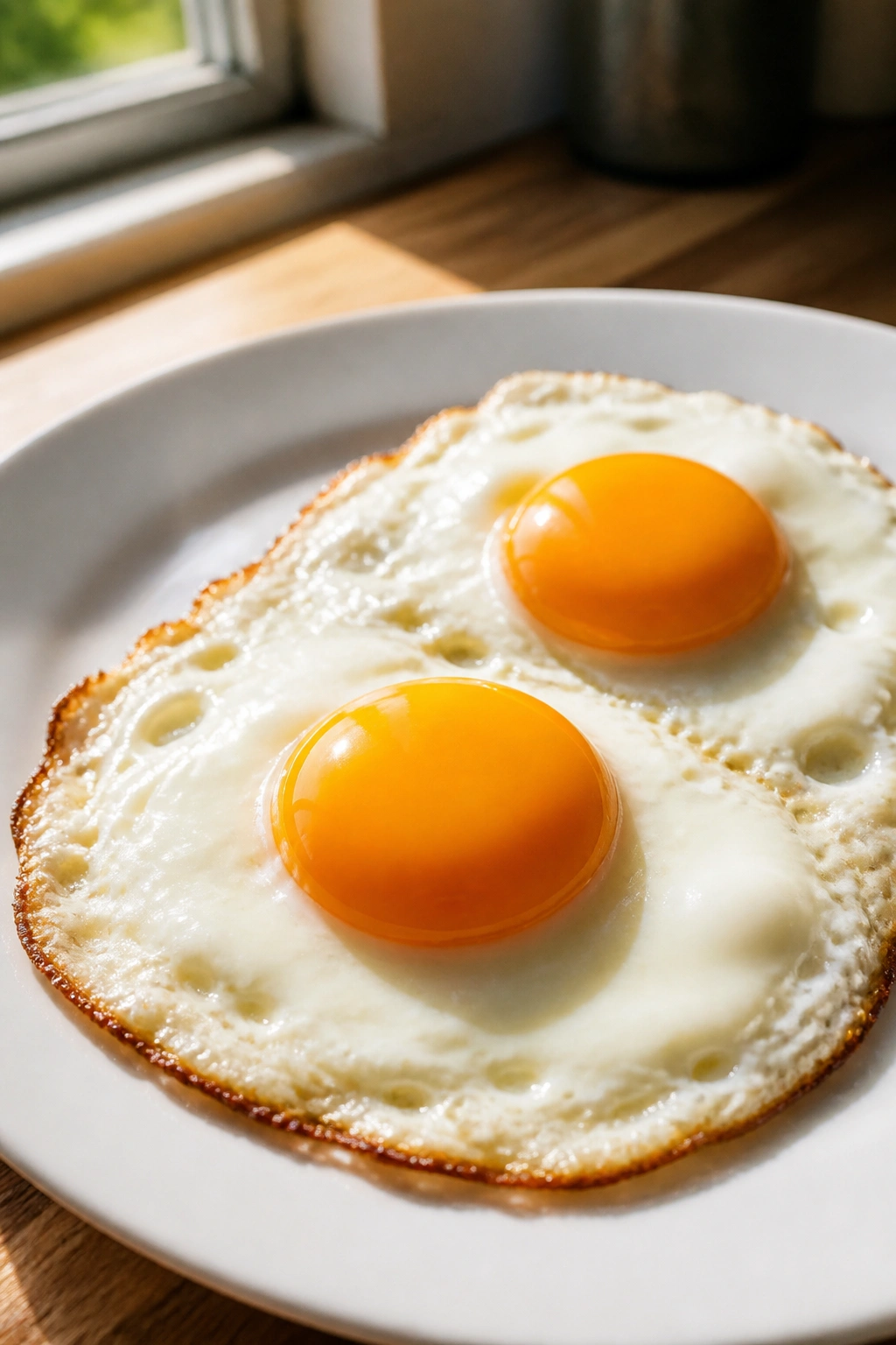 Close-up of sunny-side-up eggs on plate in a sunlit kitchen