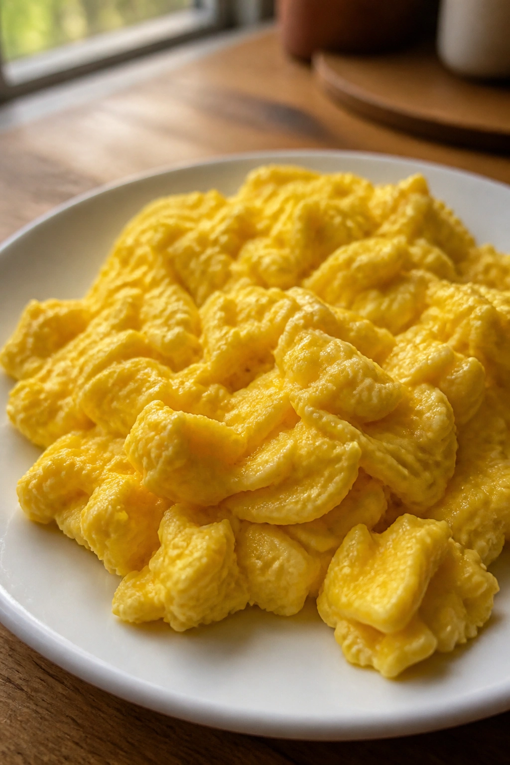 Close-up of fluffy scrambled eggs on a white plate in a sunlit kitchen