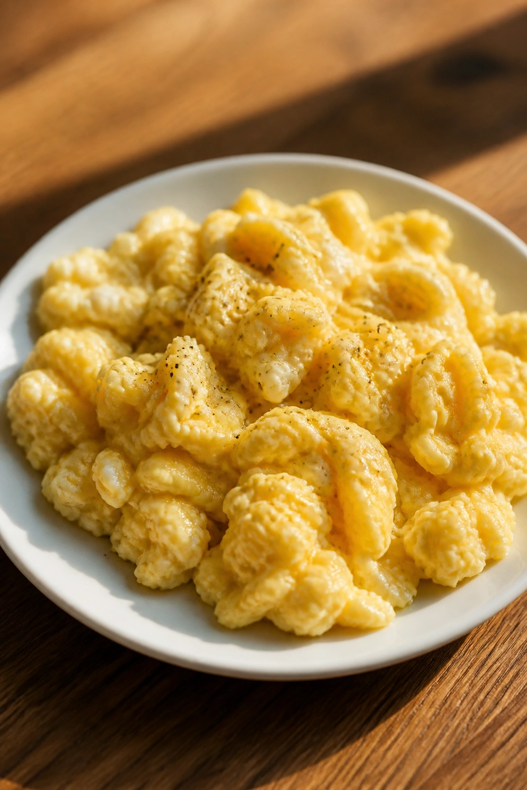 Close-up of soft scrambled eggs on a plate