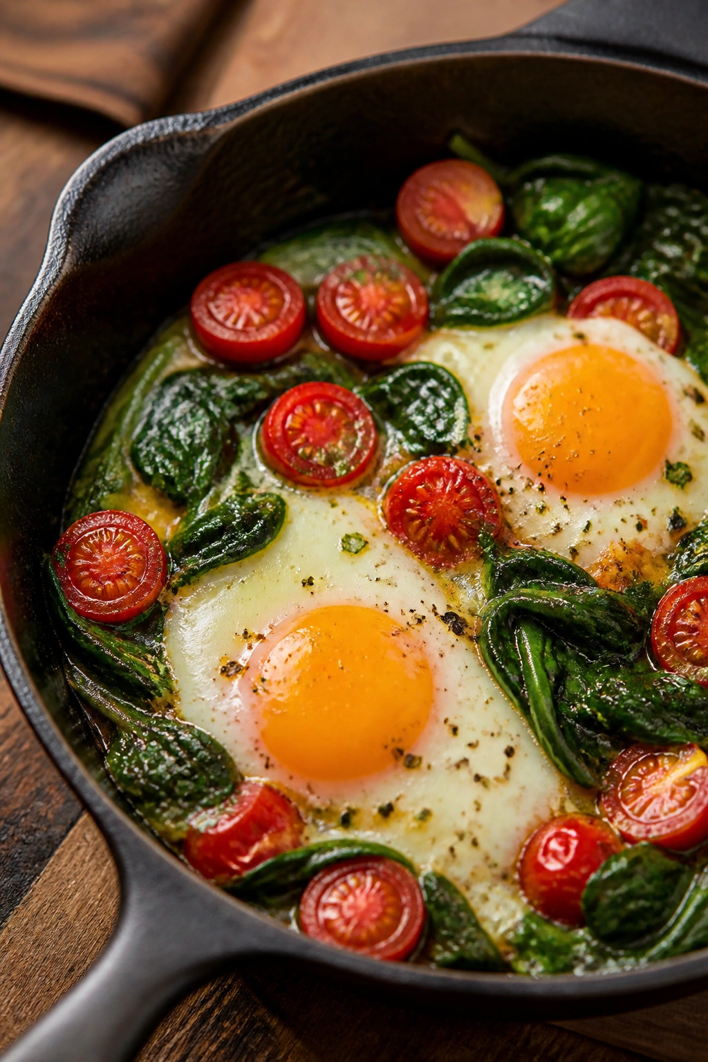 Close-up of two eggs with spinach and cherry tomatoes in a skillet