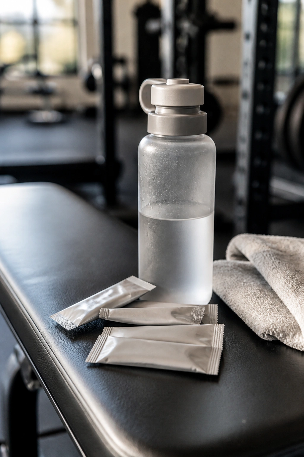 Close-up electrolyte sachets and bottle on a gym bench