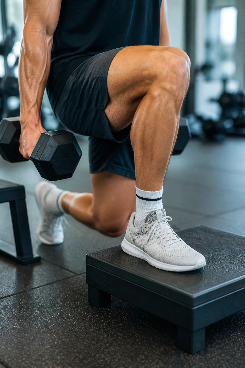 Close-up of a front leg in an elevated lunge on a small step