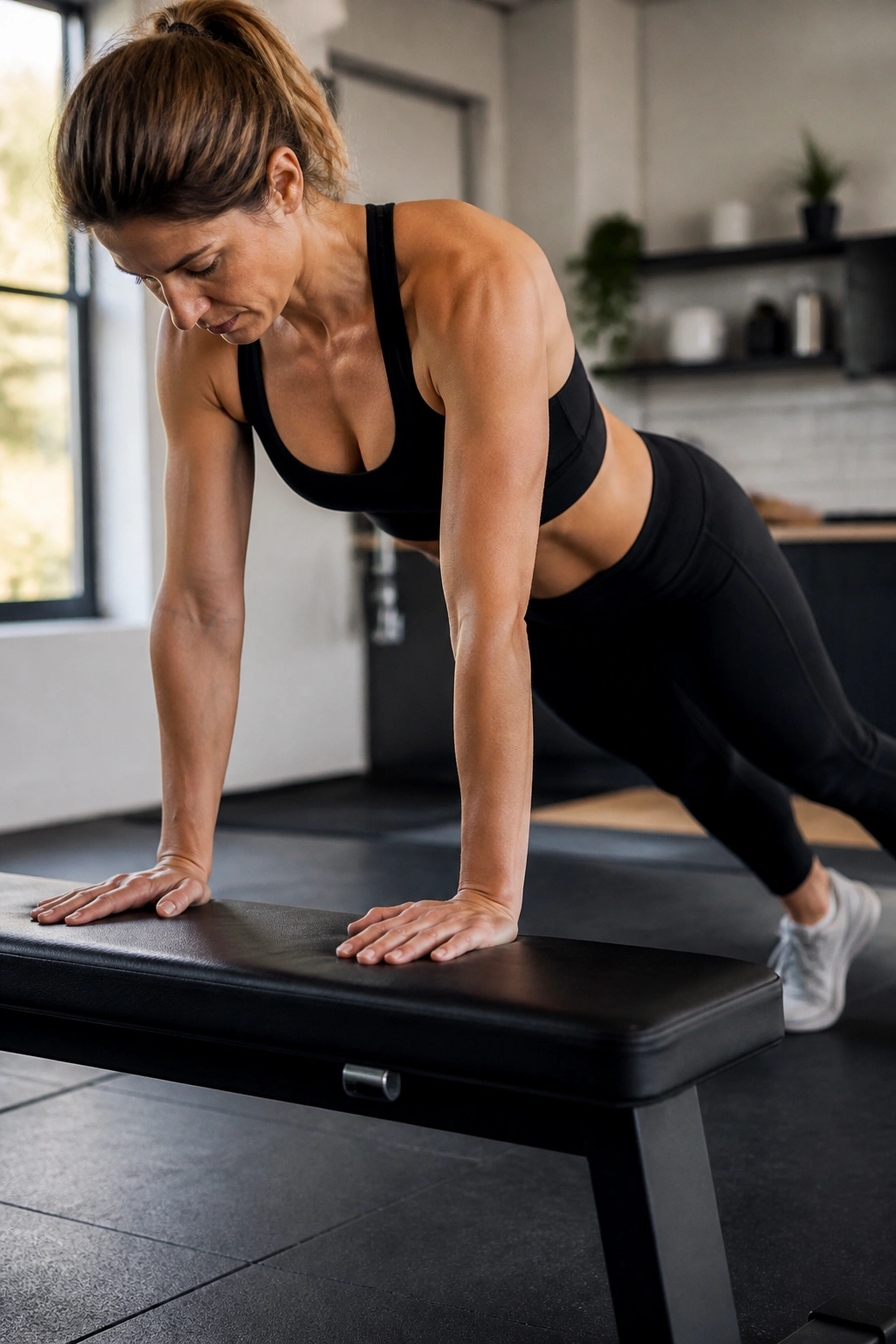 Real person performing elevated plank hold on a bench with a straight line through head to heels