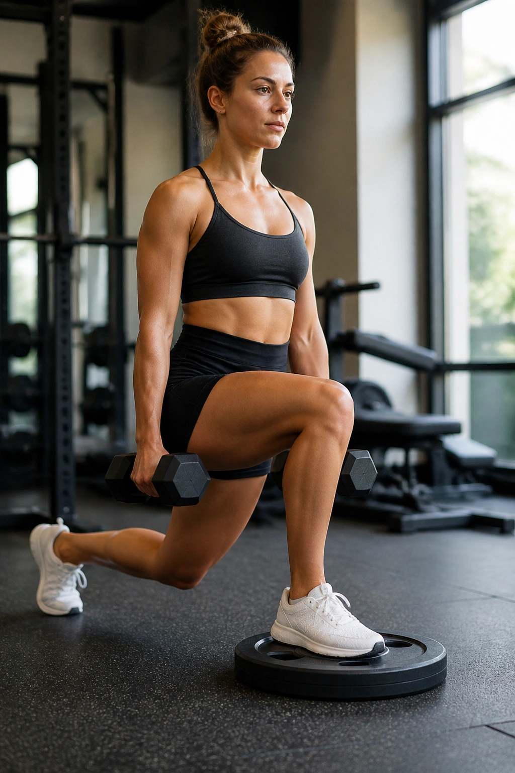 Close-up of a person performing a front-foot-elevated split squat with dumbbells