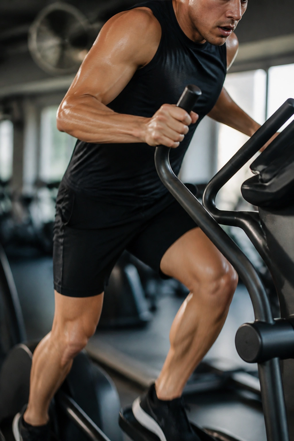 Close-up of a fit athlete on an elliptical sprint in a gym