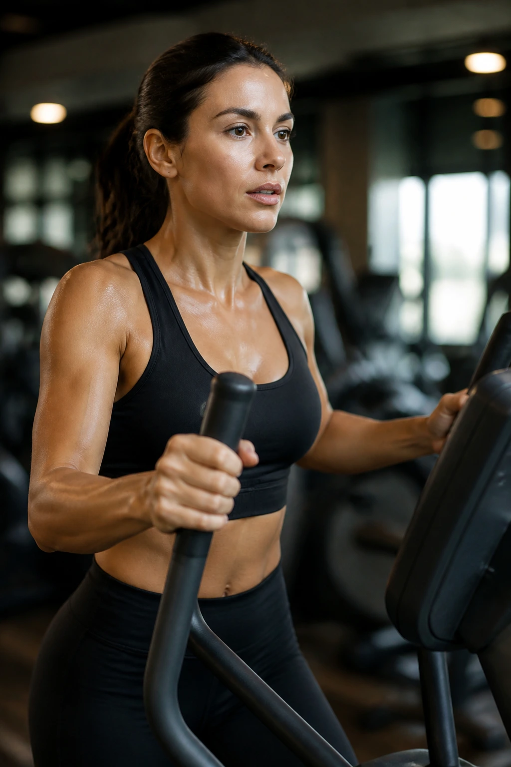 Medium close-up of a woman using an elliptical trainer in a gym during a cardio workout
