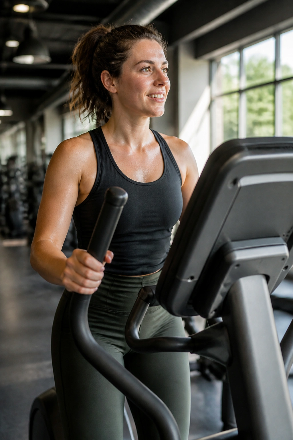 Person using an elliptical at a comfortable pace in a gym