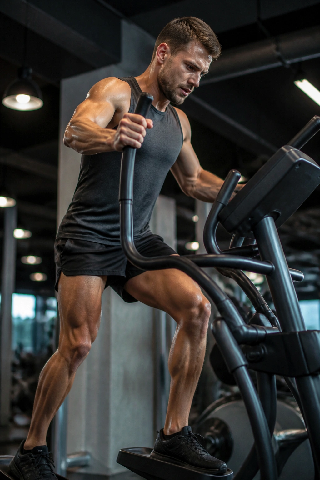 Intense resistance workout on elliptical with strong leg engagement