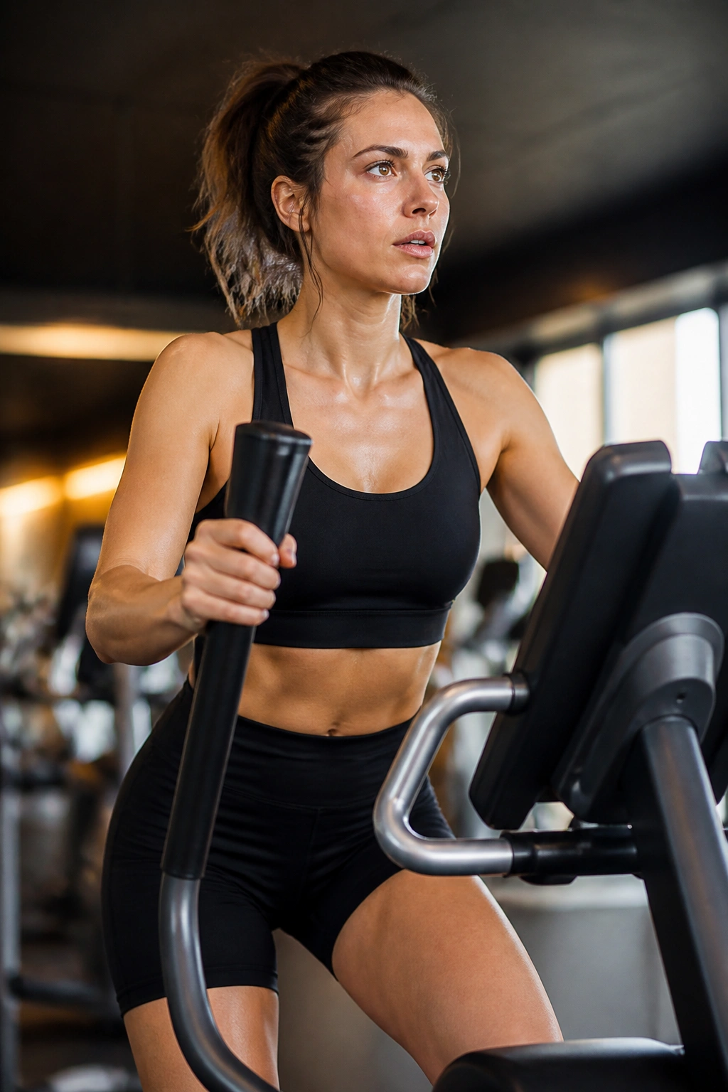 Runner on elliptical during tempo-like workout in gym