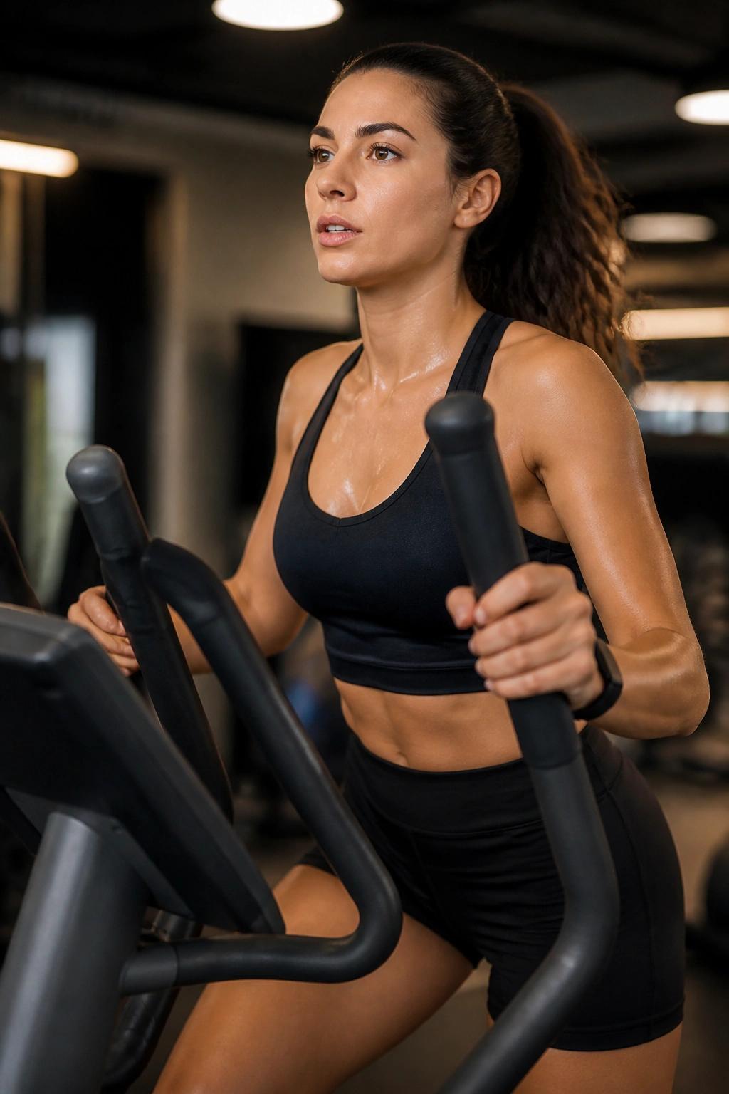 Person using an elliptical trainer in a gym, mid-workout.