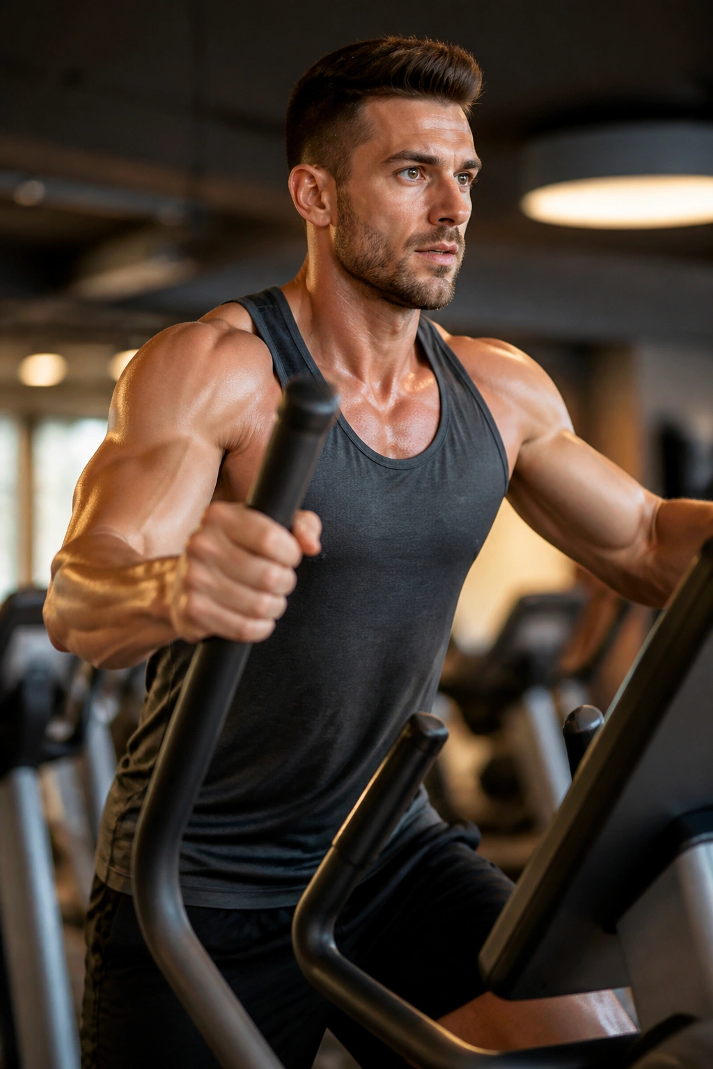 Upper body engaged on elliptical with push-pull motion
