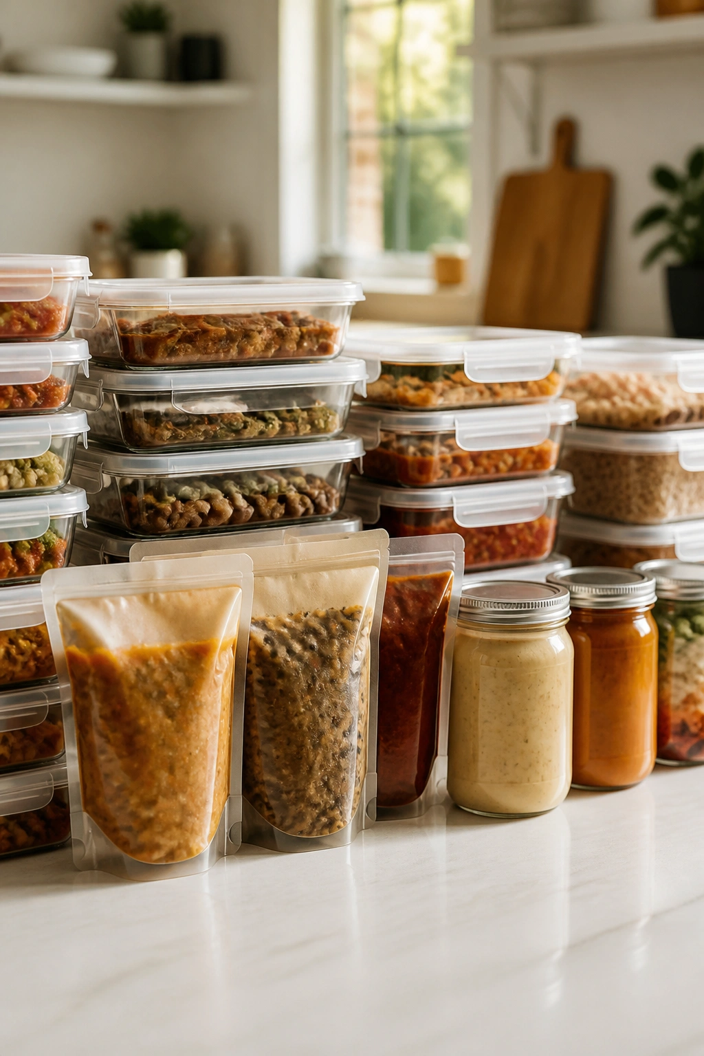 Close-up of unlabeled ready-to-use meal containers on a kitchen counter