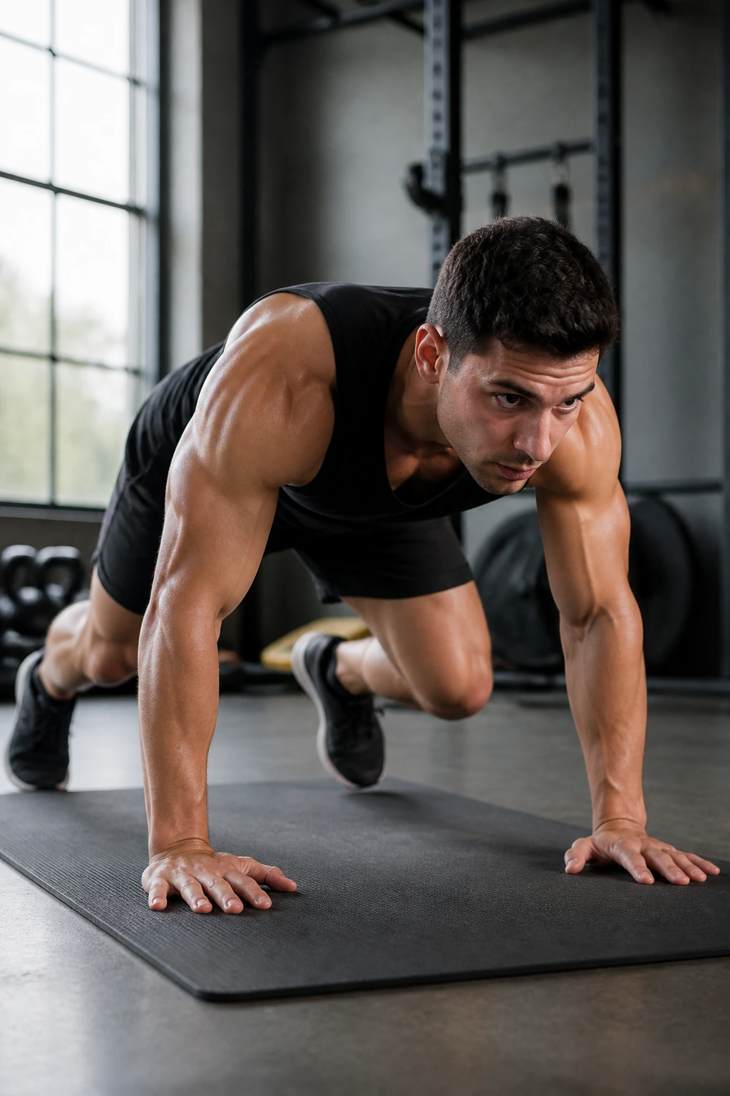 Close-up of a person performing a squat thrust during EMOM bodyweight cardio in a gym