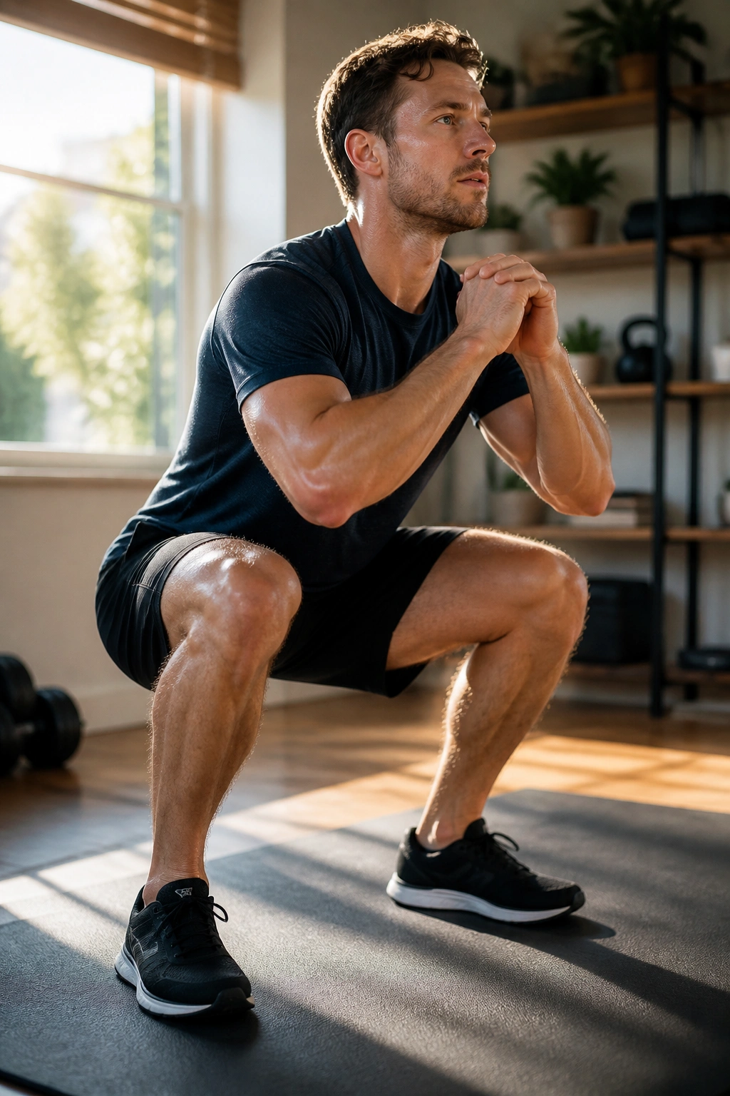 Close-up of a person performing a mid-squat during an EMOM-style workout in a sunlit home gym.