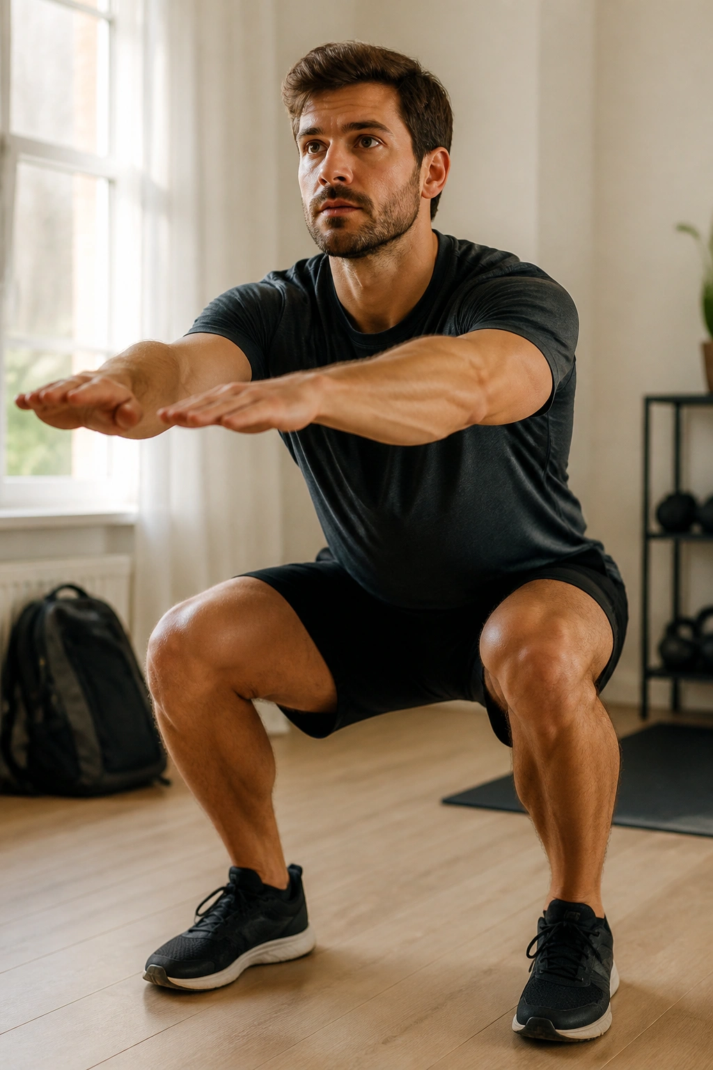 Medium close-up of a person performing squats in a home gym for an EMOM-style workout