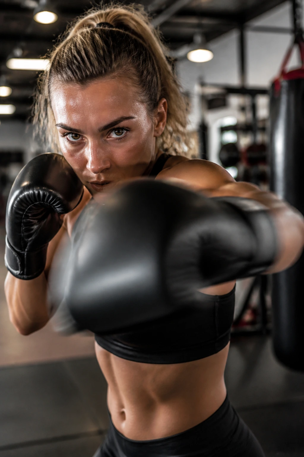 Athlete performing rapid punches in a gym, capturing EMOM style intensity.