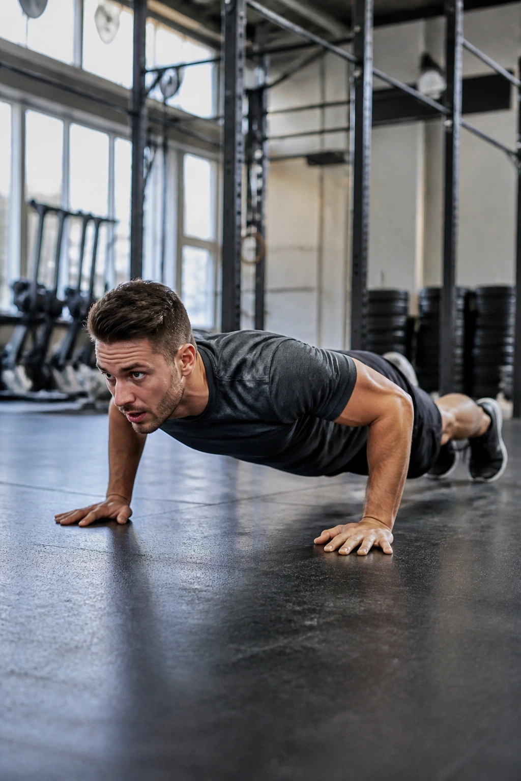 Person performing burpee in gym during EMOM interval.