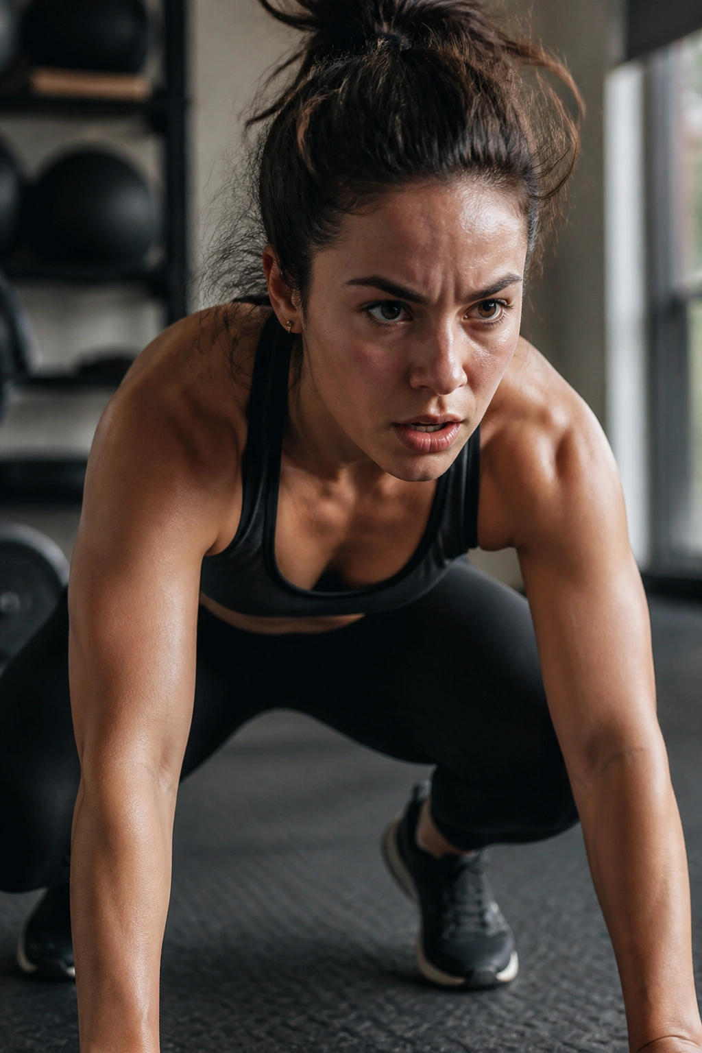 Close-up of a real person mid-burpee during an EMOM workout, intense expression