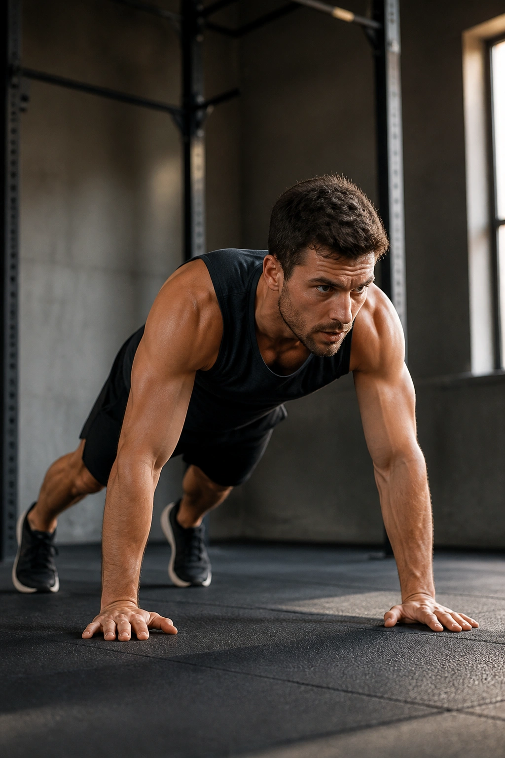 Person performing burpee during EMOM workout on gym floor
