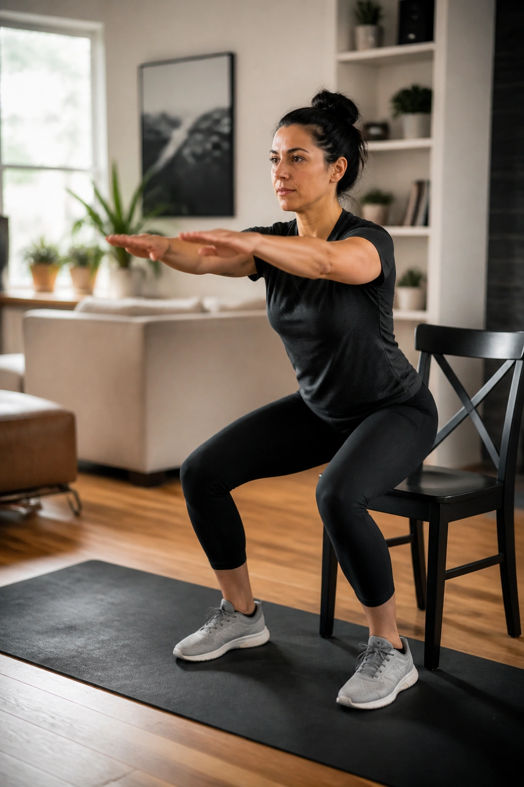 Mid-shot of a person doing chair squats in a home setting