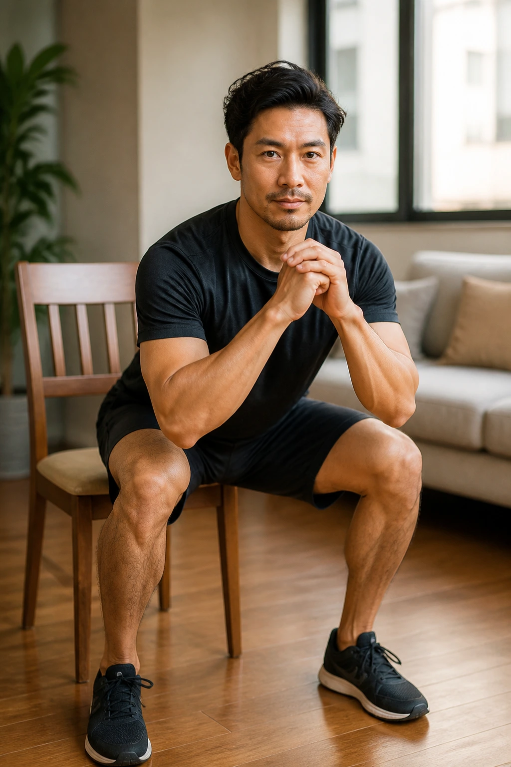 Person performing chair squats in a small living room for EMOM circuit