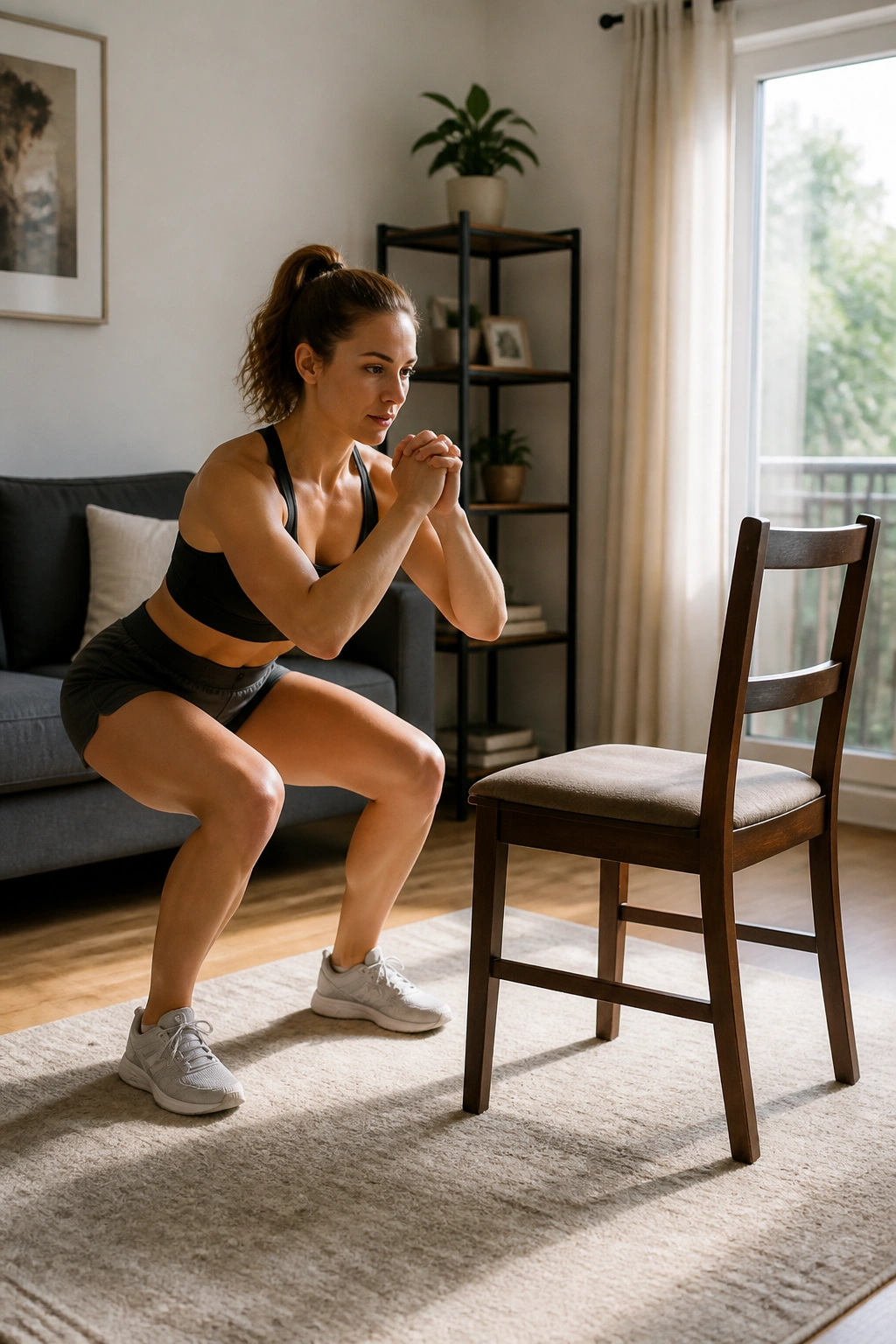 Person performing chair squats near a sturdy chair in home