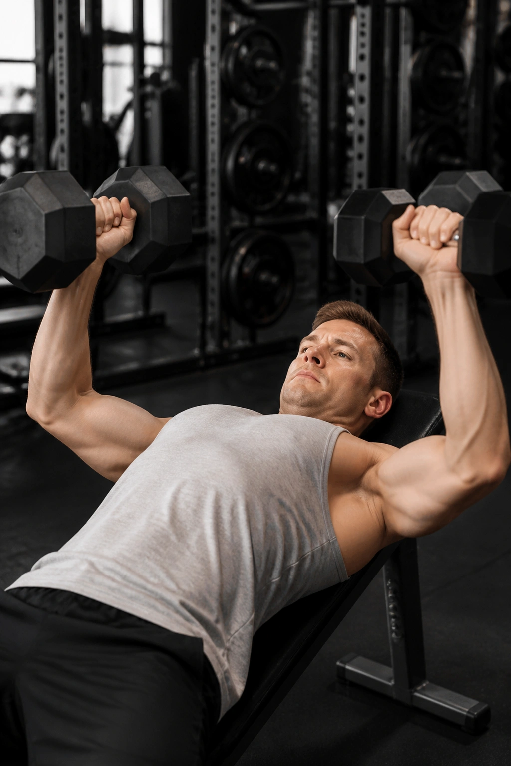 Lifter performing EMOM chest presses in a gym for conditioning