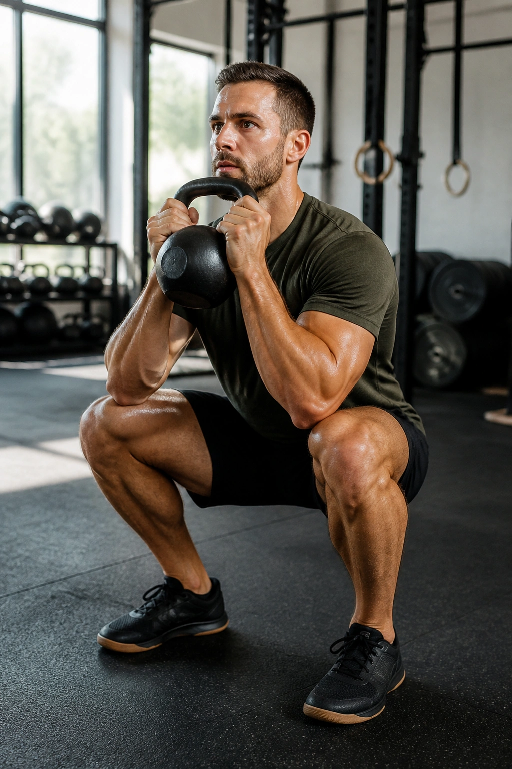 Athlete performing goblet squats as part of an EMOM conditioning workout in a gym