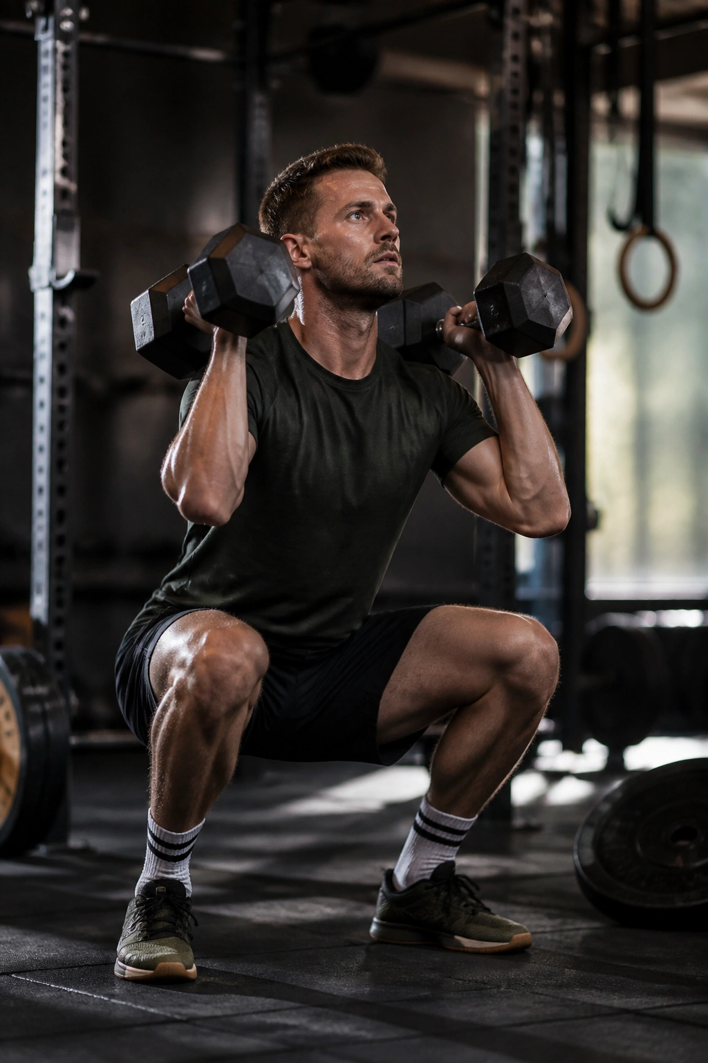 Medium close-up of person performing dumbbell thrusters in EMOM setting in gym