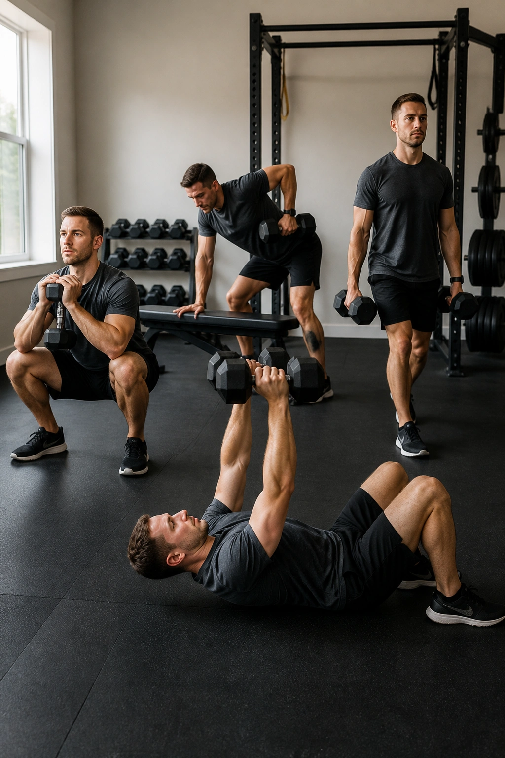 Person performing a dumbbell EMOM-style strength workout
