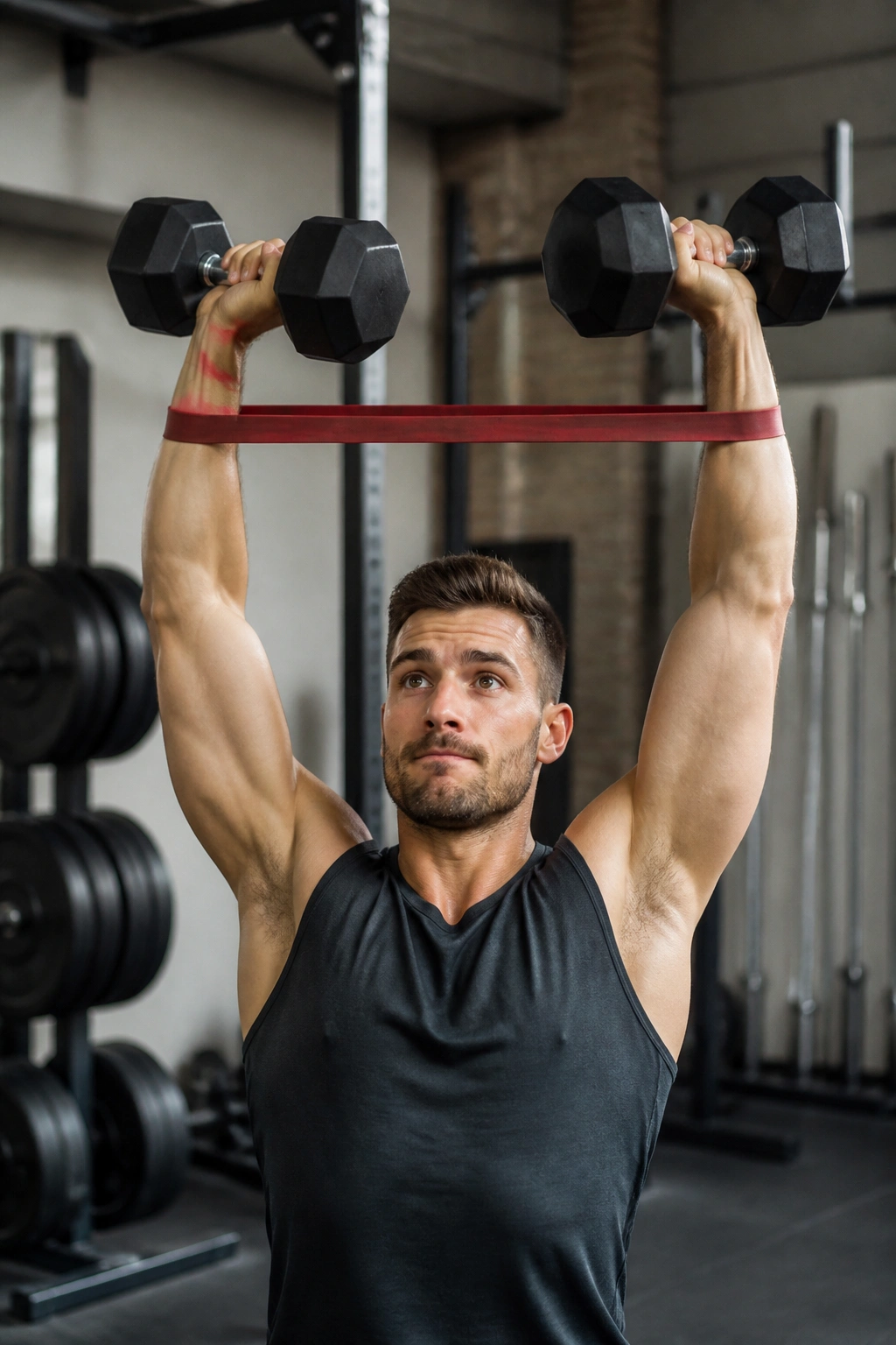 Lifter executing EMOM style dumbbell push press with bands in gym
