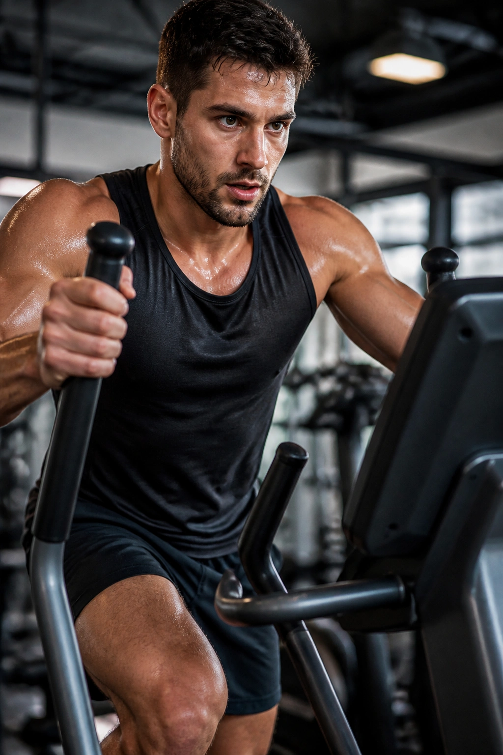 Close-up of a real person on an elliptical during EMOM-style interval training in a gym