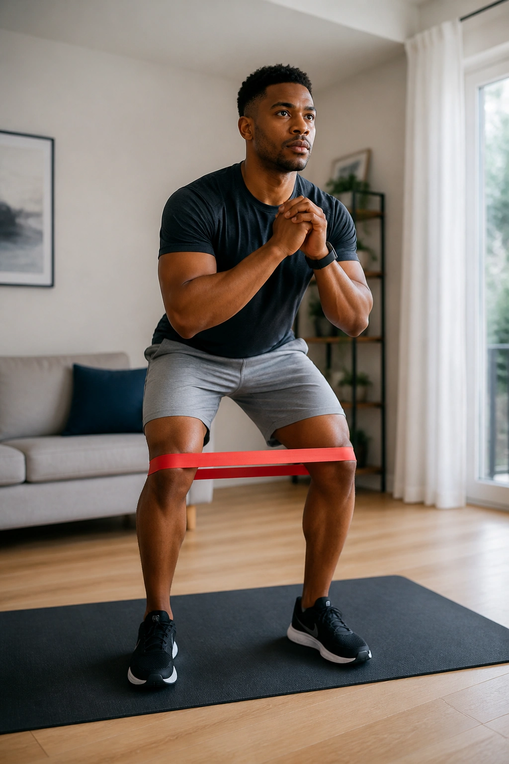 Athlete performing banded EMOM circuit in a home workout space