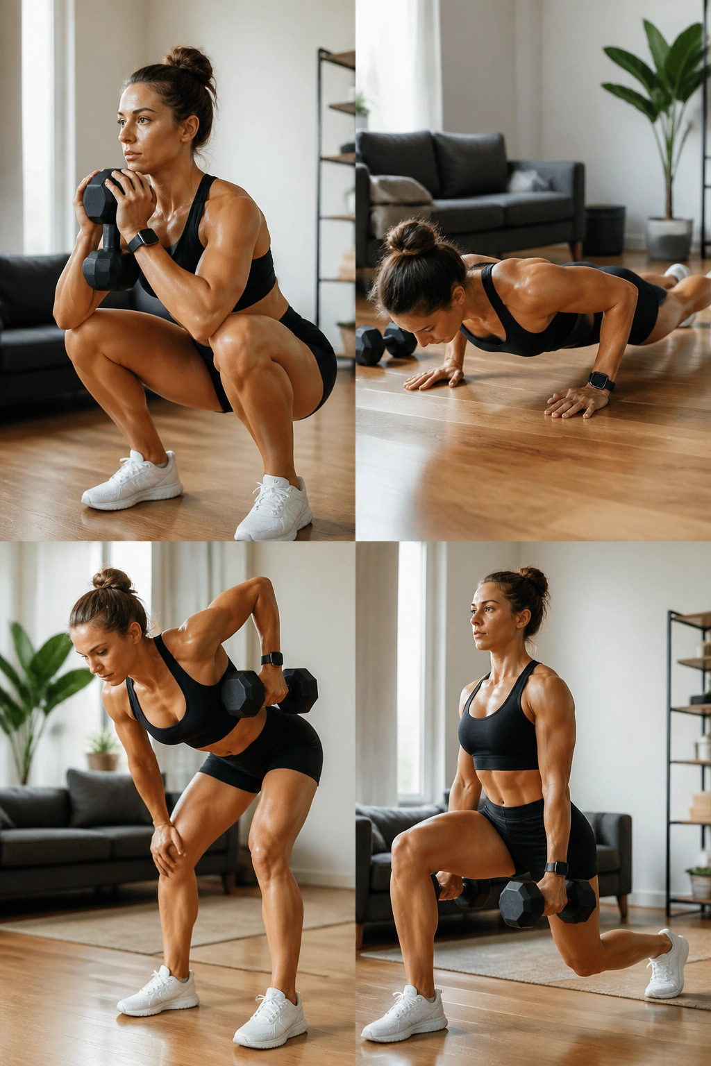Person performing EMOM-style full-body moves in a home space