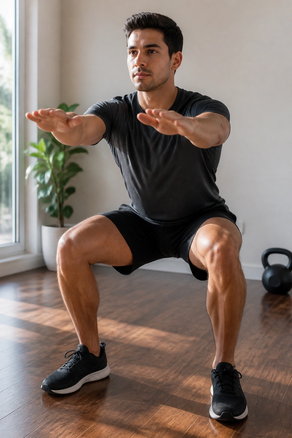 Person performing an air squat in a bright home gym