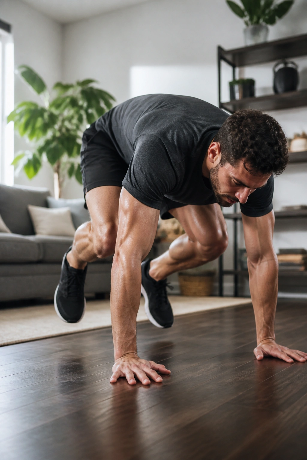 Mid-torso action shot of a person performing burpee in a living room