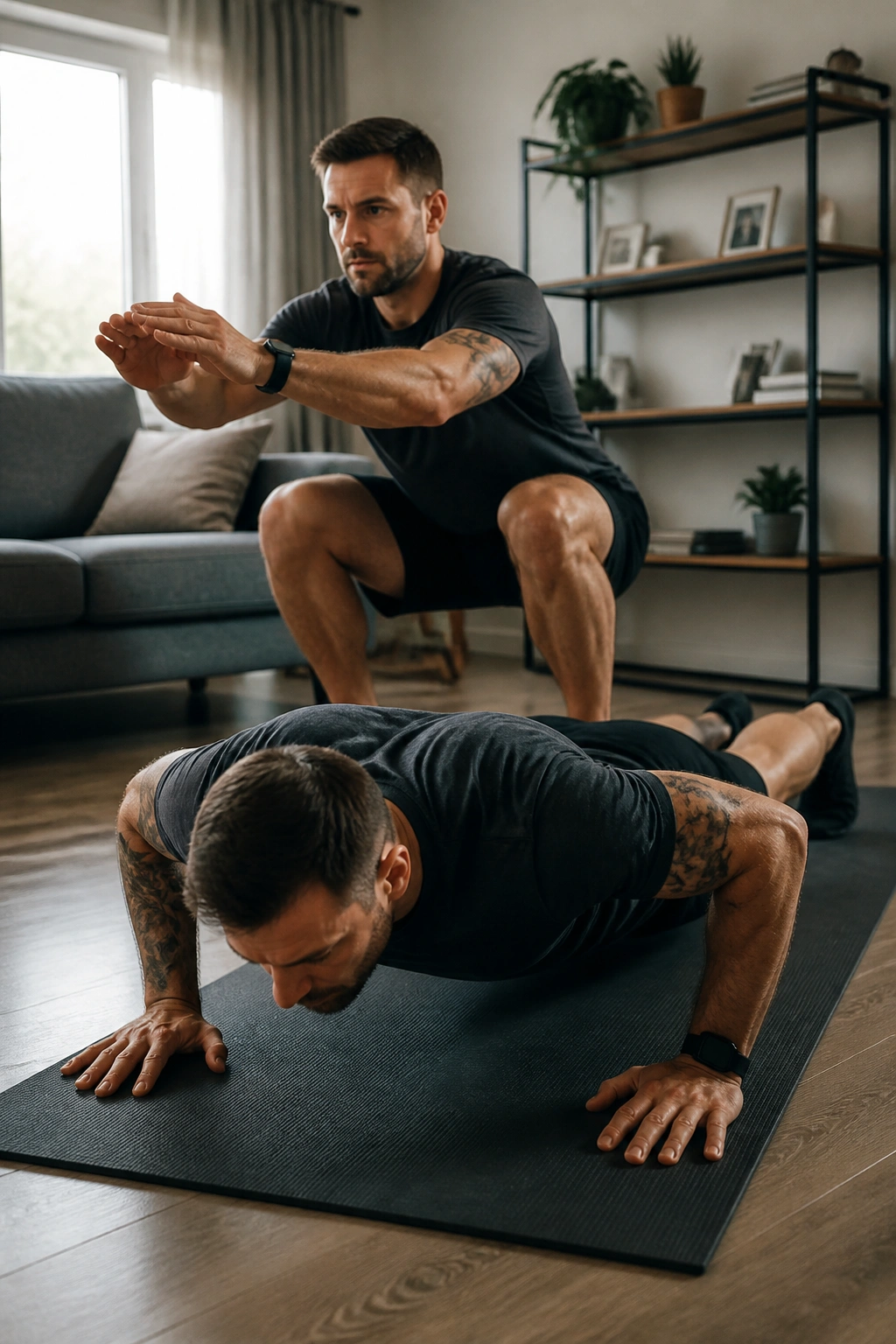 Mid-shot of a real person performing alternating squats and push-ups on a mat in a small living room