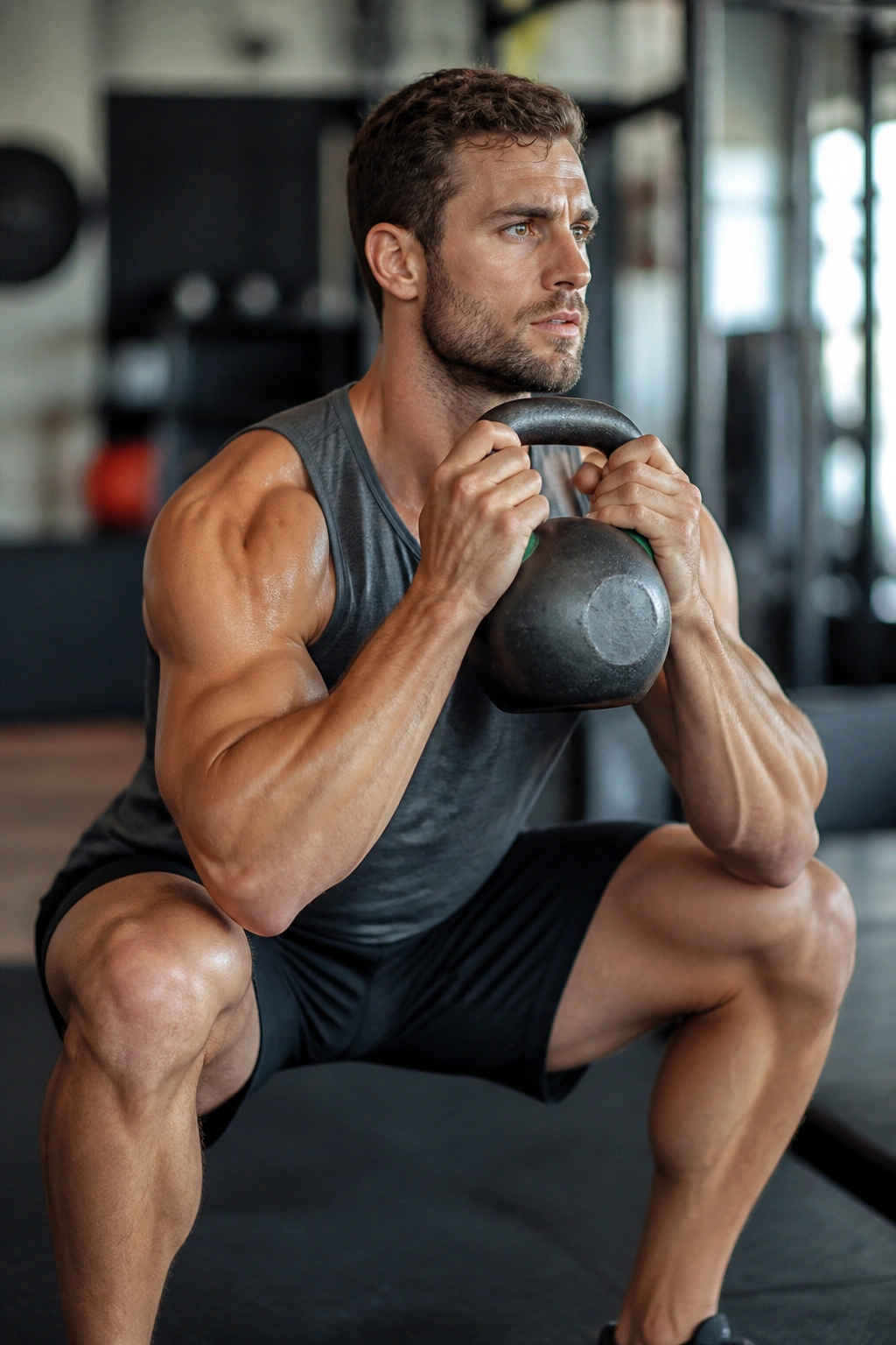 Portrait of person performing goblet squat in a gym setting to illustrate EMOM style
