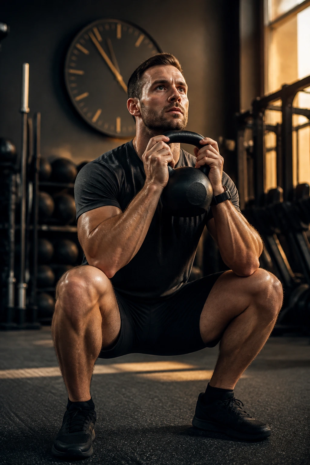 Close-up of athlete performing EMOM goblet squats with a digit-free clock behind in a gym