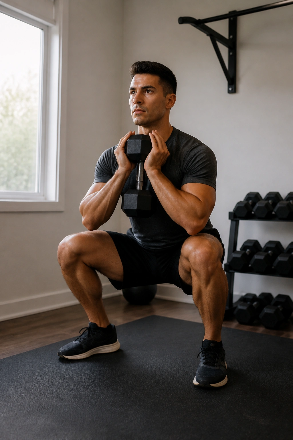 Person performing goblet squats in EMOM-style home workout.