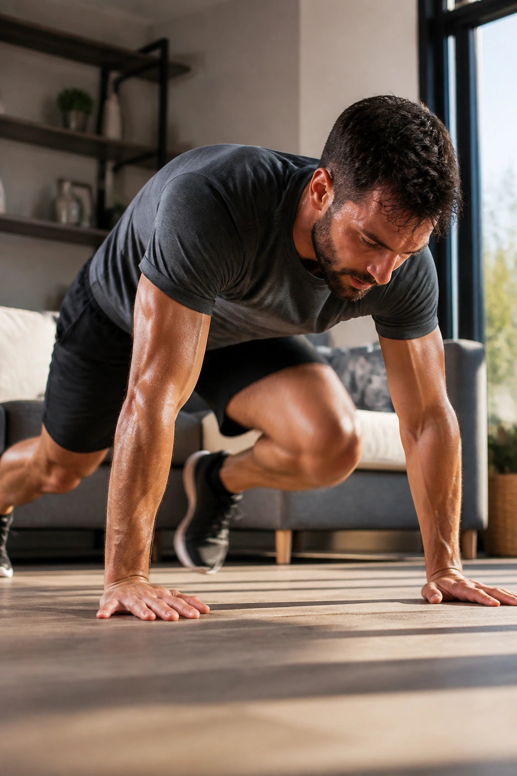 Person performing burpees during an EMOM workout at home