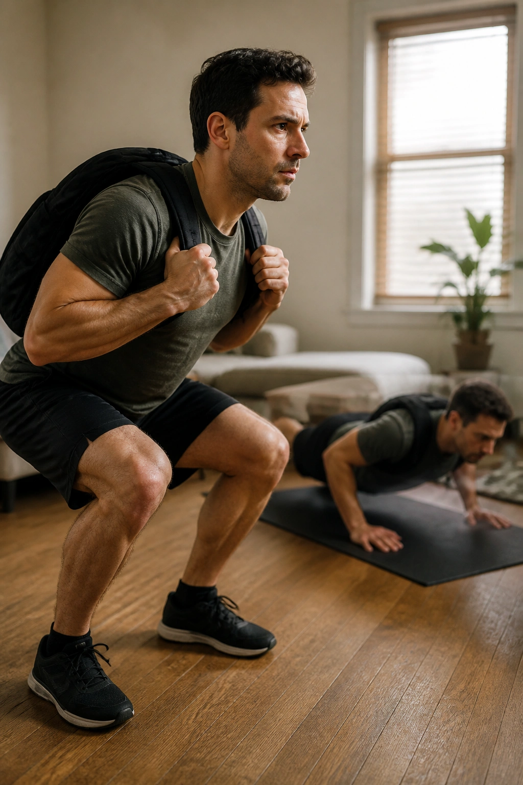 Real person performing EMOM-style full-body workout at home in a small living room, mid-torso to knee shot.