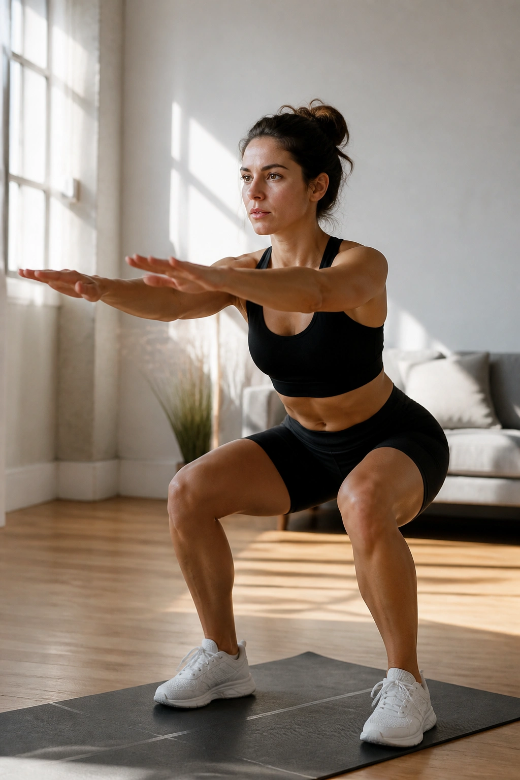 Mid-shot of a person performing air squats in a bright living room