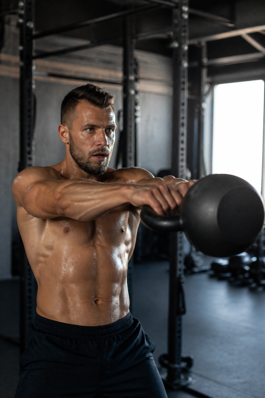 Athlete performing kettlebell swings in a gym during EMOM-style workout