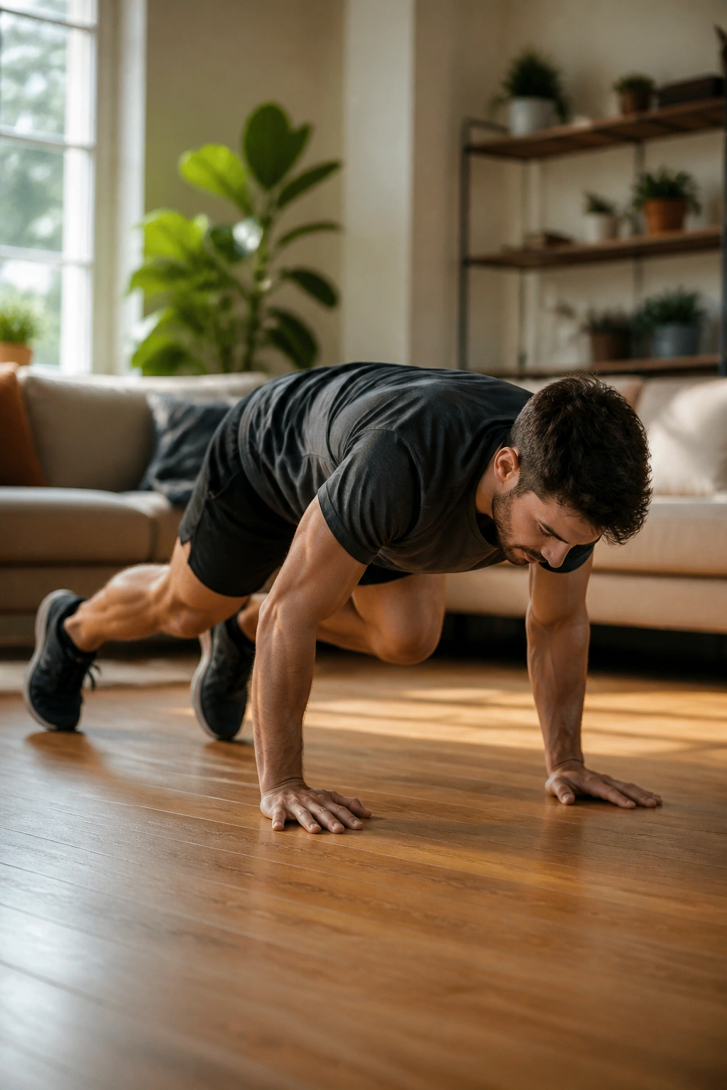 Medium close-up of a fit person mid-burpee in a cozy living room
