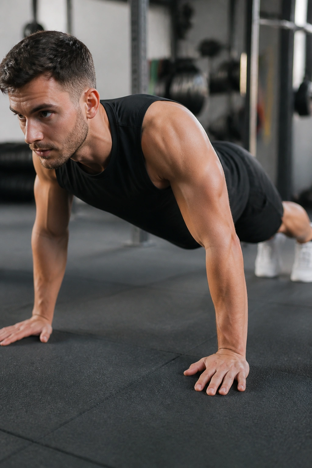Focused push-up position illustrating EMOM-style training in a gym