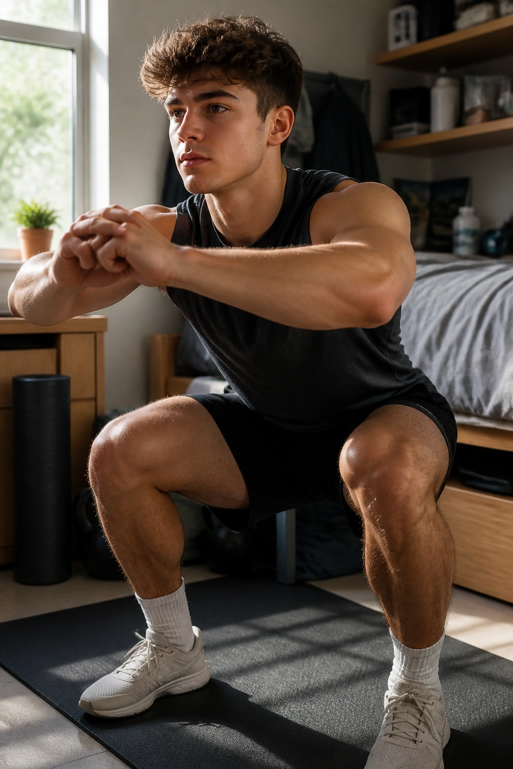 Student performing squats in a dorm room workout corner